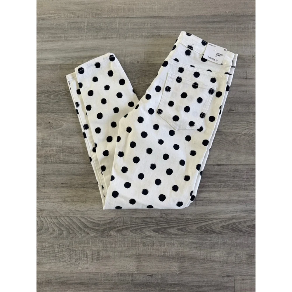 Forever 21 Polka Dot Jeans High Rise Skinny Size 26 Black White Stretch Y2K NWT - Picture 2 of 7
